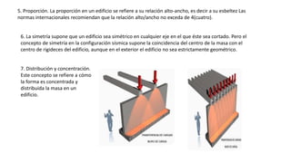 5. Proporción. La proporción en un edificio se refiere a su relación alto-ancho, es decir a su esbeltez Las
normas internacionales recomiendan que la relación alto/ancho no exceda de 4(cuatro).
6. La simetría supone que un edificio sea simétrico en cualquier eje en el que éste sea cortado. Pero el
concepto de simetría en la configuración sísmica supone la coincidencia del centro de la masa con el
centro de rigideces del edificio, aunque en el exterior el edificio no sea estrictamente geométrico.
7. Distribución y concentración.
Este concepto se refiere a cómo
la forma es concentrada y
distribuida la masa en un
edificio.
 