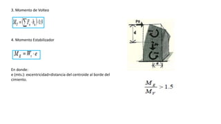 3. Momento de Volteo
4. Momento Estabilizador
En donde:
e (mts.): excentricidad=distancia del centroide al borde del
cimiento.
 