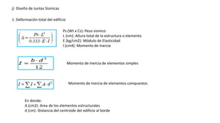 j) Diseño de Juntas Sísmicas
1. Deformación total del edificio
Ps (Wt x Cs): Peso sísmico
L (cm): Altura total de la estructura o elemento
E (kg/cm2): Módulo de Elasticidad
I (cm4): Momento de Inercia
Momento de Inercia de elementos simples
Momento de Inercia de elementos compuestos
En donde:
A (cm2): Area de los elementos estructurales
d (cm): Distancia del centroide del edificio al borde
 