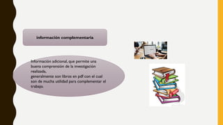 información complementaria
Información adicional, que permite una
buena comprensión de la investigación
realizada,
generalmente son libros en pdf con el cual
son de mucha utilidad para complementar el
trabajo.
 