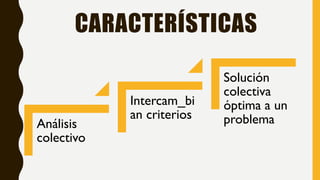 CARACTERÍSTICAS
Análisis
colectivo
Intercam_bi
an criterios
Solución
colectiva
óptima a un
problema
 