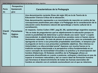Isabel Velázquez Universidad Nacional de Santiago del Estero, Argentina Perío do Perspectiva Epistemoló gica Características de la Pedagogía Científica Fenomeno lógica-Crítica Una denominación reciente (fines del siglo XX) es la de Teoría de la Educación/ Ciencia Crítica de la educación. Esta denominación representa a un movimiento de reacción en contra de las concepciones positivistas para alejar a la Pedagogía de la consideración de la educación como fenómeno natural del aprendizaje o hecho cultural de la socialización. Al respecto, Carlos Cullen (1997, pag.20, 29), epistemólogo argentino expresa: " No se trata de preguntarnos qué es objetivamente la educación porque no existe la posibilidad de determinar a priori desde una razón “pura” o sujeto trascendental, la objetividad de las prácticas sociales como si fueran meros fenómenos naturales. Se trata de pensar la educación, pero no orientados por lapregunta en torno a sus presuntas propiedades esenciales, ni tampoco por la pregunta en torno a sus presuntas cualidades objetivas. Nos interesa su historicidad y su discursividad social". Aparece con mucha fuerza en la tradición europea relacionada a la perspectiva crítica fundamentada en un nuevo concepto de racionalidad vinculada a la práctica y la emancipación del hombre (Habermas). El Estatuto científico de la Pedagogía ofrece un panorama diversificado en cuanto a posturas, enfoques y doctrinas en pos de superar el monismo naturalista y dar un nuevo ideal de formación humana que favorezca el desenvolvimiento de todas las fuerzas esenciales del hombre en relación con el contexto sociocultural con el que se relaciona. 