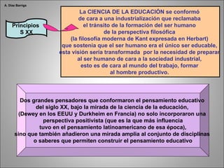 Principios  S XX La CIENCIA DE LA EDUCACIÓN se conformó  de cara a una industrialización que reclamaba  el tránsito de la formación del ser humano  de la perspectiva filosófica  (la filosofía moderna de Kant expresada en Herbart)  que sostenía que el ser humano era el único ser educable,  esta visión sería transformada  por la necesidad de preparar  al ser humano de cara a la sociedad industrial,  esto es de cara al mundo del trabajo, formar  al hombre productivo.  Dos grandes pensadores que conformaron el pensamiento educativo  del siglo XX, bajo la mirada de la ciencia de la educación,  (Dewey en los EEUU y Durkheim en Francia) no solo incorporaron una  perspectiva positivista (que es la que más influencia tuvo en el pensamiento latinoamericano de esa época),  sino que también añadieron una mirada amplia al conjunto de disciplinas  o saberes que permiten construir el pensamiento educativo A. Díaz Barriga 