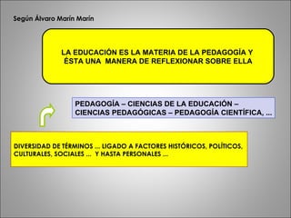 Según Álvaro Marín Marín DIVERSIDAD DE TÉRMINOS ... LIGADO A FACTORES HISTÓRICOS, POLÍTICOS,  CULTURALES, SOCIALES ...  Y HASTA PERSONALES ... PEDAGOGÍA – CIENCIAS DE LA EDUCACIÓN –  CIENCIAS PEDAGÓGICAS – PEDAGOGÍA CIENTÍFICA, ... LA EDUCACIÓN ES LA MATERIA DE LA PEDAGOGÍA Y  ÉSTA UNA  MANERA DE REFLEXIONAR SOBRE ELLA 