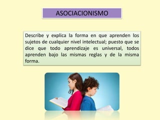 Describe y explica la forma en que aprenden los
sujetos de cualquier nivel intelectual; puesto que se
dice que todo aprendizaje es universal, todos
aprenden bajo las mismas reglas y de la misma
forma.
ASOCIACIONISMO
 