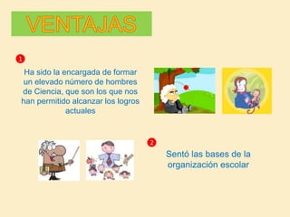 Ha sido la encargada de formar
un elevado número de hombres
de Ciencia, que son los que nos
han permitido alcanzar los logros
actuales
Sentó las bases de la
organización escolar
1
2
 