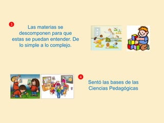 Las materias se
descomponen para que
estas se puedan entender. De
lo simple a lo complejo.
Sentó las bases de las
Ciencias Pedagógicas
4
3
 
