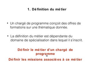 1. Dé finition du mé tier
• Un chargé de programme conçoit des offres de
formations sur une thématique donnée.
• La définition du métier est dépendante du
domaine de spécialisation dans lequel il s’inscrit.
Dé finir le mé tier d’un chargé de
programme
Dé finir les missions associé es à ce mé tier
≈
 