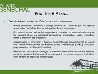Pour les BIATSS…
   Exemple d’objectif stratégique : Faire de notre autonomie un atout
        Parties prenantes: contribuer à l’image positive de l’université par une gestion
         responsable (indicateur: taux de satisfaction de nos partenaires)
        Processus internes: réduire les temps d’exécution des processus administratifs en
         les clarifiant et en les optimisant (procédures, organisation, outils) (indicateur:
         temps d’exécution des processus)
        Apprentissage et innovation : favoriser l’apprentissage organisationnel en créant
         une Gestion Prévisionnelle des Emplois et des Compétences (GPEC) (indicateur:
         progressions et mobilités individuelles)
        Ressources : économiser l’énergie et améliorer notre bilan carbone en modifiant
         certaines solutions techniques et en changeant nos comportements (indicateur:
         bilan carbone et dépenses énergétiques)




                                                                                               9
 