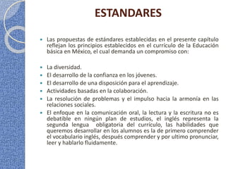 ESTANDARES


Las propuestas de estándares establecidas en el presente capítulo
reflejan los principios establecidos en el currículo de la Educación
básica en México, el cual demanda un compromiso con:



La diversidad.
El desarrollo de la confianza en los jóvenes.
El desarrollo de una disposición para el aprendizaje.
Actividades basadas en la colaboración.
La resolución de problemas y el impulso hacia la armonía en las
relaciones sociales.
El enfoque en la comunicación oral, la lectura y la escritura no es
debatible en ningún plan de estudios, el inglés representa la
segunda lengua obligatoria del currículo, las habilidades que
queremos desarrollar en los alumnos es la de primero comprender
el vocabulario inglés, después comprender y por ultimo pronunciar,
leer y hablarlo fluidamente.








 