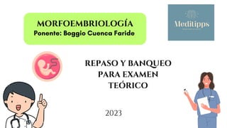 MORFOEMBRIOLOGÍA
Ponente: Boggio Cuenca Faride
REPASO Y BANQUEO
PARA EXAMEN
TEÓRICO
2023
 