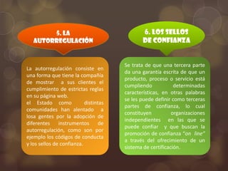 5. La                                 6. Los sellos
   autorregulación                            de confianza


                                       Se trata de que una tercera parte
La autorregulación consiste en
                                       da una garantía escrita de que un
una forma que tiene la compañía
                                       producto, proceso o servicio está
de mostrar a sus clientes el
                                       cumpliendo            determinadas
cumplimiento de estrictas reglas
                                       características, en otras palabras
en su página web.
                                       se les puede definir como terceras
el Estado como             distintas
                                       partes de confianza, lo cual
comunidades han alentado a
                                       constituyen          organizaciones
losa gentes por la adopción de
                                       independientes en las que se
diferentes instrumentos de
                                       puede confiar y que buscan la
autorregulación, como son por
                                       promoción de confianza “on line”
ejemplo los códigos de conducta
                                       a través del ofrecimiento de un
y los sellos de confianza.
                                       sistema de certificación.
 