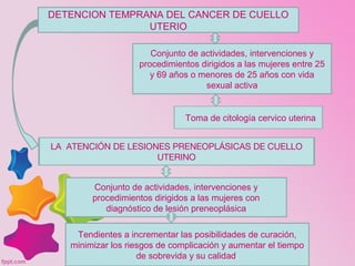 DETENCION TEMPRANA DEL CANCER DE CUELLO
UTERIO
Conjunto de actividades, intervenciones y
procedimientos dirigidos a las mujeres entre 25
y 69 años o menores de 25 años con vida
sexual activa
Toma de citología cervico uterina
LA ATENCIÓN DE LESIONES PRENEOPLÁSICAS DE CUELLO
UTERINO
Conjunto de actividades, intervenciones y
procedimientos dirigidos a las mujeres con
diagnóstico de lesión preneoplásica
Tendientes a incrementar las posibilidades de curación,
minimizar los riesgos de complicación y aumentar el tiempo
de sobrevida y su calidad.
 