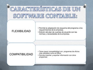 • Permite la adaptación de esquema del programa a los
                   requerimientos de la empresa.
 FLEXIBILIDAD    • Edición del plan de cuentas de acuerdo con las
                   normas y necesidades de la empresa.




                 • Tiene mayor compatibilidad con programas de oficina
                   más utilizados como el Office.
COMPATIBILIDAD   • Permite importar y exportar información con otros
                   programas.
 