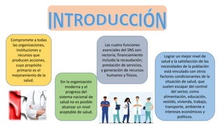 Compromete a todas
las organizaciones,
instituciones y
recursos que
producen acciones,
cuyo propósito
primario es el
mejoramiento de la
salud. Sin la organización
moderna y el
progreso del
sistema nacional de
salud no es posible
alcanzar un nivel
aceptable de salud.
Las cuatro funciones
esenciales del SNS son:
rectoría; financiamiento
incluida la recaudación;
prestación de servicios,
y generación de recursos
humanos y físicos.
Lograr un mejor nivel de
salud y la satisfacción de las
necesidades de la población
está vinculado con otros
factores condicionantes de la
situación de salud, que
suelen escapar del control
del sector, como
alimentación, educación,
vestido, vivienda, trabajo,
transporte, ambiente e
intereses económicos y
políticos.
 