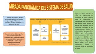 La finalidad del sistema de salud
es proteger a las personas para
que tengan vidas sanas y
contribuir, así, a su bienestar y al
desarrollo del país.
El cambio del perfil demográfico
de la población peruana
orientado hacia el envejecimiento
y los nuevos hábitos de consumo
han llevado a que la carga
epidemiológica varíe
significativamente.
Según el último estudio de
carga de enfermedad del
Ministerio de Salud (Minsa),
entre las condiciones no
transmisibles, los cinco grupos
que generan mayor pérdida de
años de vida saludable son: los
trastornos mentales y del
comportamiento (20%), las
enfermedades cardiovasculares
(13%), las enfermedades
osteomusculares y del tejido
conectivo (11%), las
condiciones neurológicas (11%)
y los tumores malignos (8%)
(Minsa, 2018). Estos últimos
constituyen, además, la
principal causa de mortalidad
en el país.
 