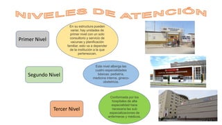 Primer Nivel
Segundo Nivel
Tercer Nivel
En su estructura pueden
variar, hay unidades de
primer nivel con un solo
consultorio y servicio de
vacunas y planificación
familiar, esto va a depender
de la institución a la que
pertenezcan.
Este nivel alberga las
cuatro especialidades
básicas: pediatría,
medicina interna, gineco-
obstetricia.
Conformada por los
hospitales de alta
especialidad hace
necesaria las sub
especializaciones de
enfermeras y médicos.
 