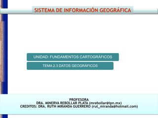 SISTEMA DE INFORMACIÓN GEOGRÁFICA




       UNIDAD: FUNDAMENTOS CARTOGRÁFICOS

           TEMA 2.3 DATOS GEOGRÁFICOS




                          PROFESORA
        DRA. MINERVA REBOLLAR PLATA (mrebollar@ipn.mx)
CREDITOS: DRA. RUTH MIRANDA GUERRERO (rut_miranda@hotmail.com)
 