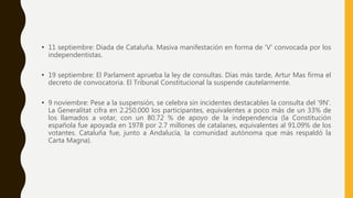 • 11 septiembre: Diada de Cataluña. Masiva manifestación en forma de 'V' convocada por los
independentistas.
• 19 septiemb...