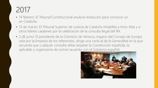 2017
• 14 febrero: El Tribunal Constitucional anula la resolución para convocar un
en Cataluña.
• 13 de marzo: El Tribunal...