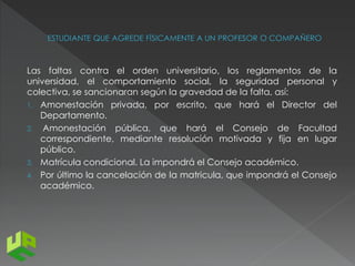 Las faltas contra el orden universitario, los reglamentos de la 
universidad, el comportamiento social, la seguridad personal y 
colectiva, se sancionaran según la gravedad de la falta, así: 
1. Amonestación privada, por escrito, que hará el Director del 
Departamento. 
2. Amonestación pública, que hará el Consejo de Facultad 
correspondiente, mediante resolución motivada y fija en lugar 
público. 
3. Matrícula condicional. La impondrá el Consejo académico. 
4. Por último la cancelación de la matricula, que impondrá el Consejo 
académico. 
 
