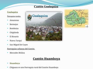 Cantón Gualaquiza
Gualaquiza
Parroquias rurales
 Amazonas
 Bermejos
 Bomboiza
 Chigüinda
 El Rosario
 Nueva Tarqui
 San Miguel de Cuyes
Parroquias urbanas del Cantón
 Mercedes Molina
Cantón Huamboya
 Huamboya
 Chiguaza es una Parroquia rural del Cantón Huamboya
 