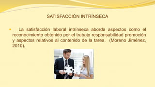 SATISFACCIÓN INTRÍNSECA 
 La satisfacción laboral intrínseca aborda aspectos como el reconocimiento obtenido por el trabajo responsabilidad promoción y aspectos relativos al contenido de la tarea. (Moreno Jiménez, 2010).  