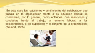 “En este caso las reacciones y sentimientos del colaborador que trabaja en la organización frente a su situación laboral se consideran, por lo general, como actitudes. Sus reacciones y conductas frente al trabajo, al entorno laboral, a los colaboradores, a los superiores y al conjunto de la organización. (Weinert, 1985).  