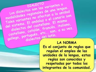 LA NORMA
Es el conjunto de reglas que
regulan el empleo de las
unidades de la lengua, estas
reglas son conocidas y
respetadas por todos los
integrantes de la comunidad.
 