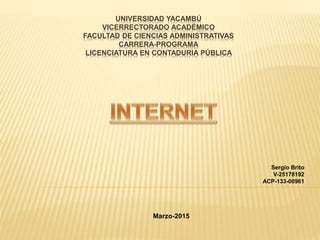 UNIVERSIDAD YACAMBÚ
VICERRECTORADO ACADÉMICO
FACULTAD DE CIENCIAS ADMINISTRATIVAS
CARRERA-PROGRAMA
LICENCIATURA EN CONTADURIA PÚBLICA
Sergio Brito
V-25178192
ACP-133-00961
Marzo-2015
 