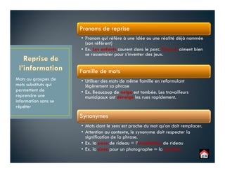 Pronoms de reprise
• Pronom qui réfère à une idée ou une réalité déjà nommée
(son référent)
• Ex. Les enfants courent dans le parc. Ceux-ci aiment bien
se rassembler pour s’inventer des jeux.
Famille de mots
• Utiliser des mots de même famille en reformulant
légèrement sa phrase
• Ex. Beaucoup de neige est tombée. Les travailleurs
municipaux ont déneigé les rues rapidement.
Synonymes
• Mots dont le sens est proche du mot qu’on doit remplacer.
• Attention au contexte, le synonyme doit respecter la
signification de la phrase.
• Ex. la pose de rideau = l’installation de rideau
• Ex. la pose pour un photographe = la position
Mots ou groupes de
mots substituts qui
permettent de
reprendre une
information sans se
répéter
 
