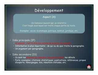 Aspect (A)
On l’annonce souvent par un intertitre.
C’est l’angle sous lequel est traité chaque partie du texte.
Exemples : social, économique, politique, médical, juridique, etc.
• Idée principale (IP)
• Argument, c’est-à-dire les raisons de la prise de position
• Information la plus importante : de qui ou de quoi traite le paragraphe.
• Un argument par paragraphe.
• Idée secondaire (IS)
• Ce sont les preuves qui appuient l’argument donné, les détails.
• Faits, exemples, citations, statistiques, explications, références, propos
d’experts, témoignages, lois, résultats d’études, etc.
 