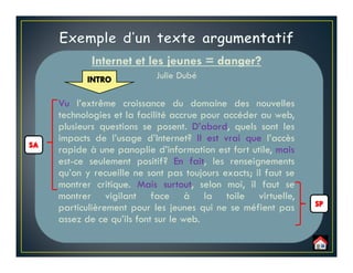 Internet et les jeunes = danger?
Julie Dubé
Vu l’extrême croissance du domaine des nouvelles
technologies et la facilité accrue pour accéder au web,
plusieurs questions se posent. D’abord, quels sont les
impacts de l’usage d’Internet? Il est vrai que l’accès
rapide à une panoplie d’information est fort utile, mais
est-ce seulement positif? En fait, les renseignements
qu’on y recueille ne sont pas toujours exacts; il faut se
montrer critique. Mais surtout, selon moi, il faut se
montrer vigilant face à la toile virtuelle,
particulièrement pour les jeunes qui ne se méfient pas
assez de ce qu’ils font sur le web.
 
