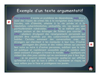 Non seulement il existe un problème de dépendance, mais il y a
aussi des risques de crimes liés à la navigation dans l’Internet :
fraudes, vols d’identité, atteinte à la vie privée et à la
réputation, cyberintimidation, pédophilie, etc. Les jeunes sont
particulièrement vulnérables parce qu’ils se méfient peu des
médias sociaux et des échanges de fichiers par courriel. En
effet, plusieurs divulguent des renseignements personnels qui
peuvent être réutilisés par des cybercriminels spécialement
habiles. Certains entament des conversations avec des
étrangers qui cherchent à les manipuler à leur insu. D’autres
encore partagent des photos et des vidéos intimes qui peuvent
leur nuire ou nuire à d’autres personnes, oubliant que la toile
est publique et rapidement accessible pour un nombre sans
cesse croissant d’usagers à travers le monde. Enfin, quelques-uns
visitent des sites pour adultes qui ne conviennent pas à leur âge.
Alors, je ne pourrai jamais approuver quelqu’un qui affirme
qu’Internet n’a que du bon à offrir. Il représente un risque, ne
nous voilons pas la face et protégeons nos jeunes.
 