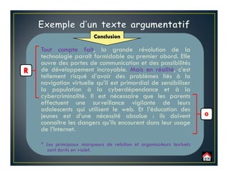 Tout compte fait, la grande révolution de la
technologie paraît formidable au premier abord. Elle
ouvre des portes de communication et des possibilités
de développement incroyable. Mais en réalité, c’est
tellement risqué d’avoir des problèmes liés à la
navigation virtuelle qu’il est primordial de sensibiliser
la population à la cyberdépendance et à la
cybercriminalité. Il est nécessaire que les parents
effectuent une surveillance vigilante de leurs
adolescents qui utilisent le web. Et l’éducation des
jeunes est d’une nécessité absolue : ils doivent
connaître les dangers qu’ils encourent dans leur usage
de l’Internet.
* Les principaux marqueurs de relation et organisateurs textuels
sont écrits en violet.
 