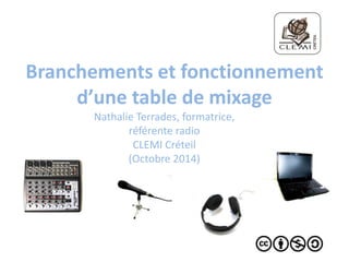 Branchements et fonctionnement 
d’une table de mixage 
Nathalie Terrades, formatrice, 
référente radio 
CLEMI Créteil 
(Octobre 2014) 
 