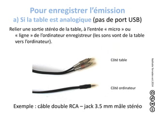 Pour enregistrer l’émission 
a) Si la table est analogique (pas de port USB) 
Relier une sortie stéréo de la table, à l’entrée « micro » ou 
« ligne » de l’ordinateur enregistreur (les sons vont de la table 
vers l’ordinateur). 
Côté table 
Côté ordinateur 
Exemple : câble double RCA – jack 3.5 mm mâle stéréo 
Nathalie Terrades-oct.2014 
 