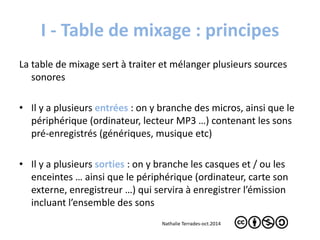 I - Table de mixage : principes 
La table de mixage sert à traiter et mélanger plusieurs sources 
sonores 
• Il y a plusieurs entrées : on y branche des micros, ainsi que le 
périphérique (ordinateur, lecteur MP3 …) contenant les sons 
pré-enregistrés (génériques, musique etc) 
• Il y a plusieurs sorties : on y branche les casques et / ou les 
enceintes … ainsi que le périphérique (ordinateur, carte son 
externe, enregistreur …) qui servira à enregistrer l’émission 
incluant l’ensemble des sons 
Nathalie Terrades-oct.2014 
 