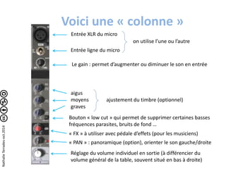 Voici une « colonne » 
Entrée XLR du micro 
Entrée ligne du micro 
on utilise l’une ou l’autre 
Le gain : permet d’augmenter ou diminuer le son en entrée 
aigus 
moyens 
ajustement du timbre (optionnel) 
graves 
Bouton « low cut » qui permet de supprimer certaines basses 
fréquences parasites, bruits de fond … 
« FX » à utiliser avec pédale d’effets (pour les musiciens) 
« PAN » : panoramique (option), orienter le son gauche/droite 
Réglage du volume individuel en sortie (à différencier du 
volume général de la table, souvent situé en bas à droite) 
Nathalie Terrades-oct.2014 
 
