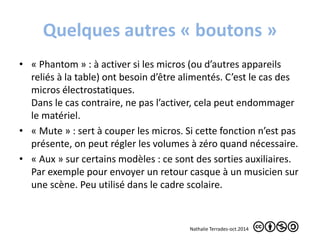 Quelques autres « boutons » 
• « Phantom » : à activer si les micros (ou d’autres appareils 
reliés à la table) ont besoin d’être alimentés. C’est le cas des 
micros électrostatiques. 
Dans le cas contraire, ne pas l’activer, cela peut endommager 
le matériel. 
• « Mute » : sert à couper les micros. Si cette fonction n’est pas 
présente, on peut régler les volumes à zéro quand nécessaire. 
• « Aux » sur certains modèles : ce sont des sorties auxiliaires. 
Par exemple pour envoyer un retour casque à un musicien sur 
une scène. Peu utilisé dans le cadre scolaire. 
Nathalie Terrades-oct.2014 
 