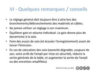 VI - Quelques remarques / conseils 
• Le réglage général doit toujours être à zéro lors des 
branchements/débranchements des matériels et câbles. 
• Ne jamais utiliser un réglage à son maximum. 
• Équilibrer gain et volume individuel. Le gain donne plus de 
dynamisme à la voix. 
• Faire des essais de voix (et écouter l’enregistrement) avant de 
lancer l’émission. 
• En cas de saturation des voix (sonorité dégradée, coupure de 
son, voire arrêt de l’ampli par mise en sécurité), réduire la 
sortie générale de la table, et augmenter la sortie de l’ampli 
ou des enceintes amplifiées) 
Nathalie Terrades-oct.2014 
 