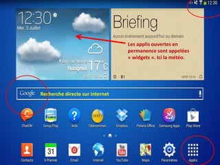 Recherche directe sur internet
Les applis ouvertes en
permanence sont appelées
« widgets ». Ici la météo.
 