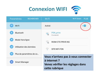 Connexion WIFI
Vous n’arrivez pas à vous connecter
à internet ?
Venez vérifier les réglages dans
cette rubrique
 