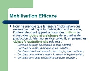 Mobilisation Efficace Pour ne prendre que la fenêtre ‘mobilisation des ressources’, afin que la mobilisation soit efficace, l’ordonnateur est appelé à poser des  balises  au niveau des  poins névralgiques  de la chaîne de production du bien ou service collectif, en posant les  objectifs opérationnels  suivants : Combien de titres de recettes je peux émettre ; Combien de restes à émettre je peux éviter ; Combien d’anciens restes à recouvrer je peux mobiliser ; Combien de nouveaux restes à recouvrer je peux éviter ; Combien de crédits programmés je peux engager ; 