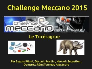 Challenge Meccano 2015
Par Segond Rémi , Dacquin Martin , Hannoir Sebastien ,
Demaretz Rémi,Tonneau Alexandre
Le Tricéragrue
 