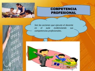 COMPETENCIA
                             PROFESIONAL


             Son las acciones que ejecuta el docente
             en    el    aula   evidenciando     sus
             competencias profesionales.




21/12/2012                                             5
 