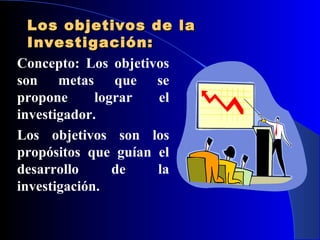 Los objetivos de la
  Investigación:
Concepto: Los objetivos
son metas que se
propone      lograr  el
investigador.
Los objetivos son los
propósitos que guían el
desarrollo      de   la
investigación.
 