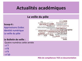 Actualités académiques
Pôle de compétences TICE en documentation
La veille du pôle
Scoop-It :
Apprivoisons Esidoc
Identité numérique
La veille du pôle
Le Bulletin de veille :
Quatre numéros cette année
- n°7
- n°8
- n°9
- n°10
 
