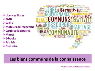 Pôle de compétences TICE en documentation
Les biens communs de la connaissance
➢Licences libres
➢PMB
➢Wikis
➢Moteurs de recherche
➢Carto collaborative
➢Moocs
➢E-books
➢Fab lab
➢Glossaire
 