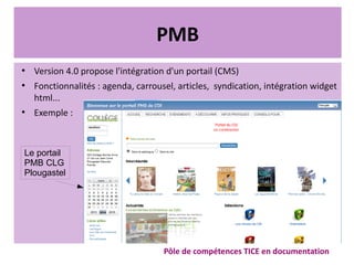 PMB
●
Version 4.0 propose l'intégration d'un portail (CMS)
●
Fonctionnalités : agenda, carrousel, articles, syndication, intégration widget
html...
●
Exemple :
Pôle de compétences TICE en documentation
Le portail
PMB CLG
Plougastel
 